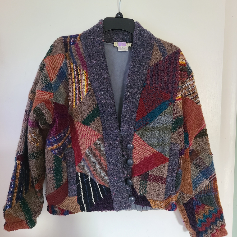 Colorful Patchwork Vintage Cardigan 70% Wool Size S